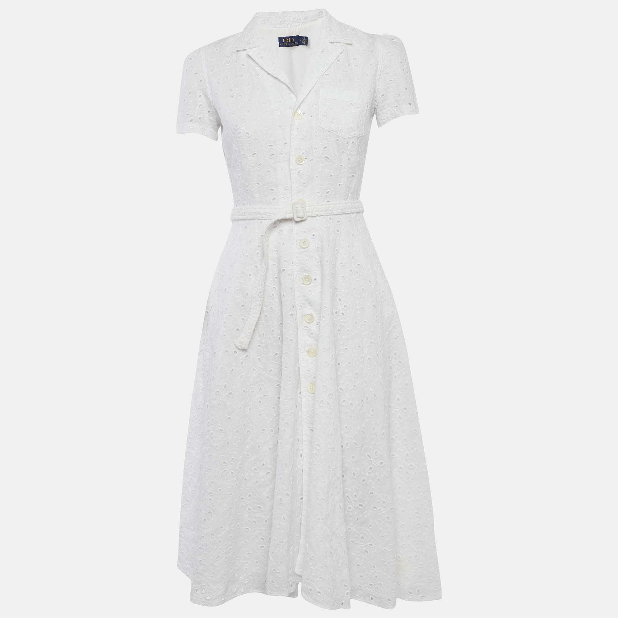 

Polo Ralph Lauren White Linen Eyelet Belted Midi Dress XS