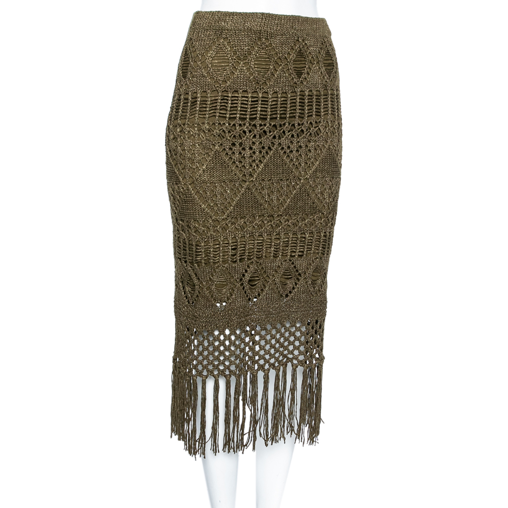 

Polo Ralph Lauren Olive Green Open Knit Linen Fringed Midi Skirt