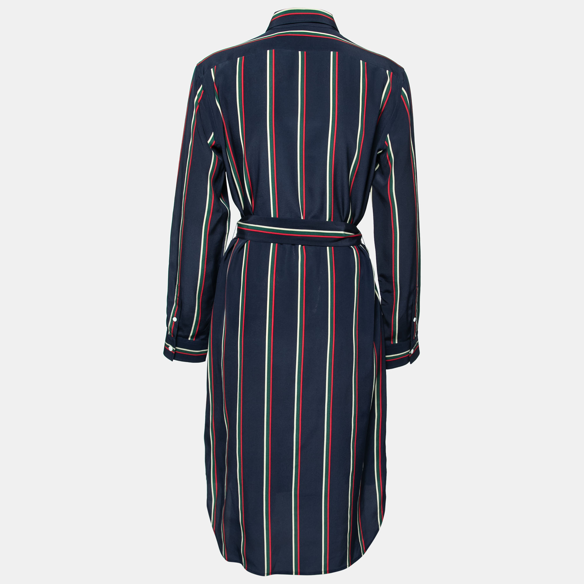 

Polo Ralph Lauren Navy Blue Striped Silk Belted Shirt Dress