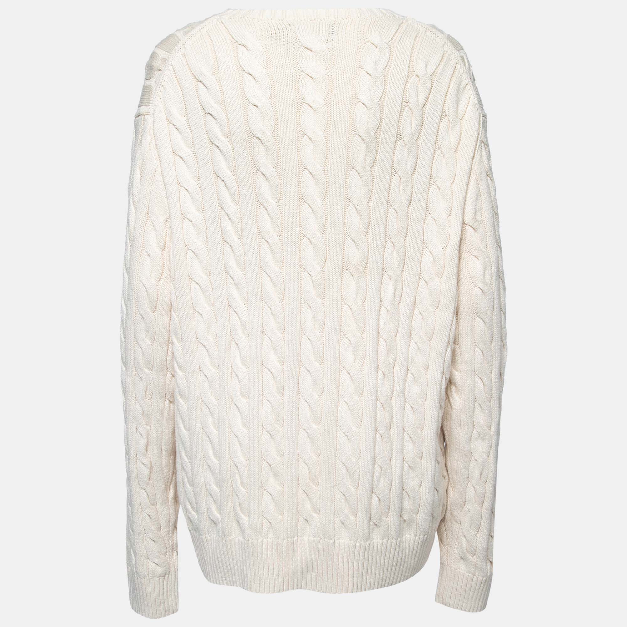 

Polo Ralph Lauren Cream Cotton Cable Knit Round Neck Sweater