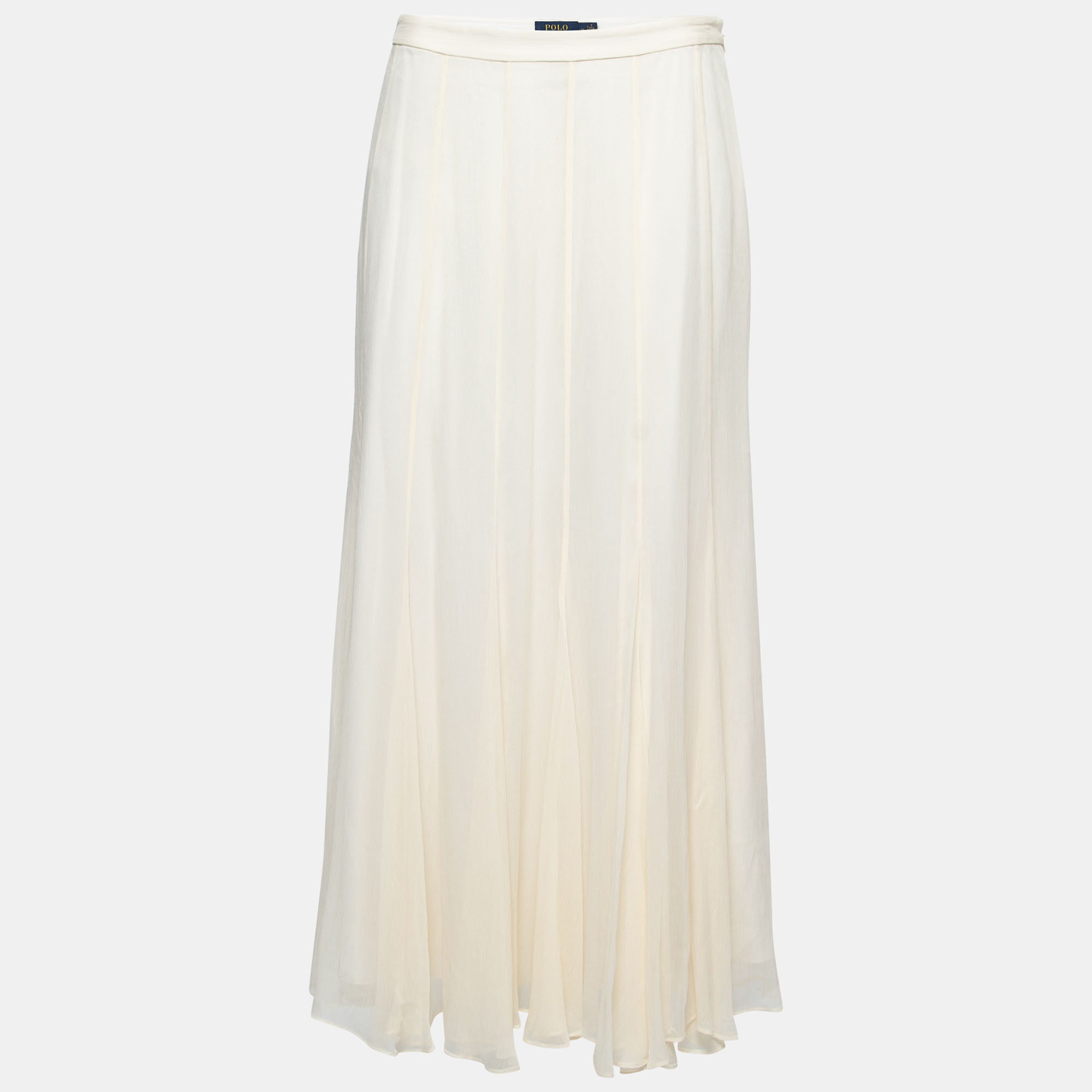 Pre Owned Polo Ralph Lauren Off White Chiffon Midi Skirt L
