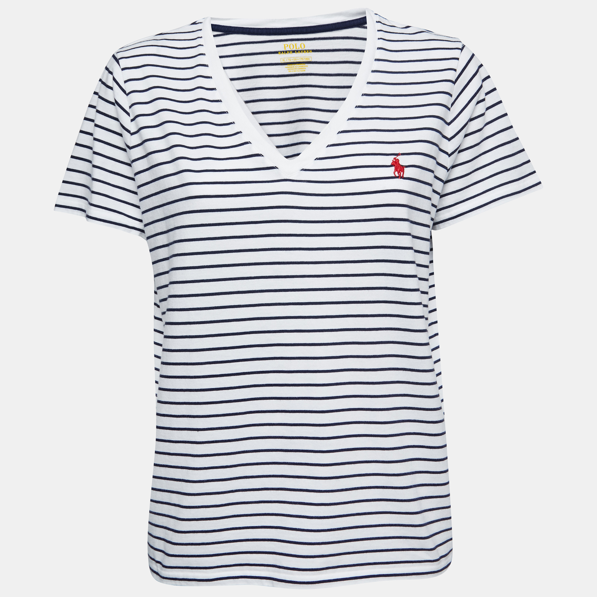 Pre-owned Polo Ralph Lauren White & Navy Striped Cotton V-neck T-shirt Xl