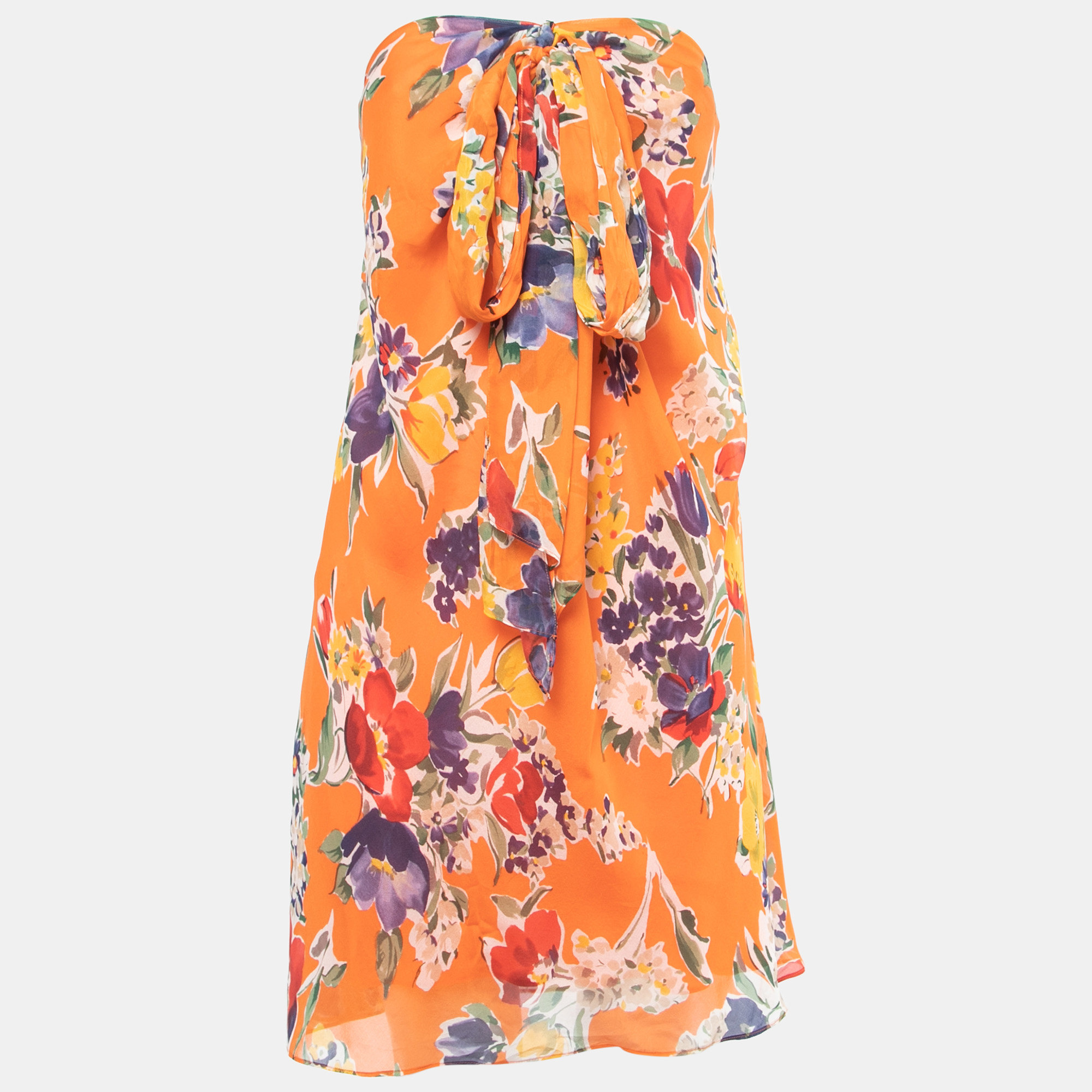 Pre-owned Polo Ralph Lauren Orange Floral Print Silk Strapless Mini Dress M