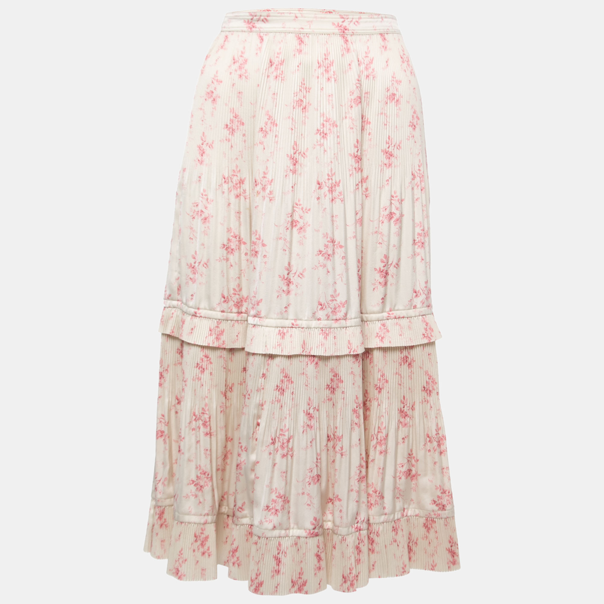 

Polo Ralph Lauren Cream Floral Printed Plisse Satin Midi Skirt
