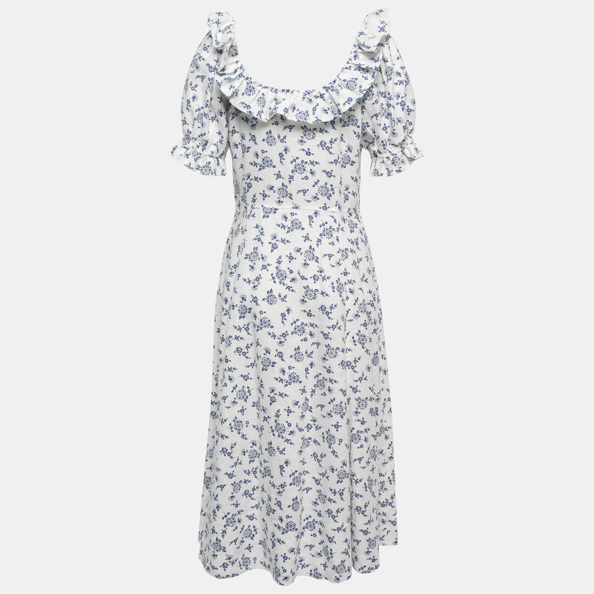 

Polo Ralph Lauren White Floral Printed Linen Ruffled Midi Dress