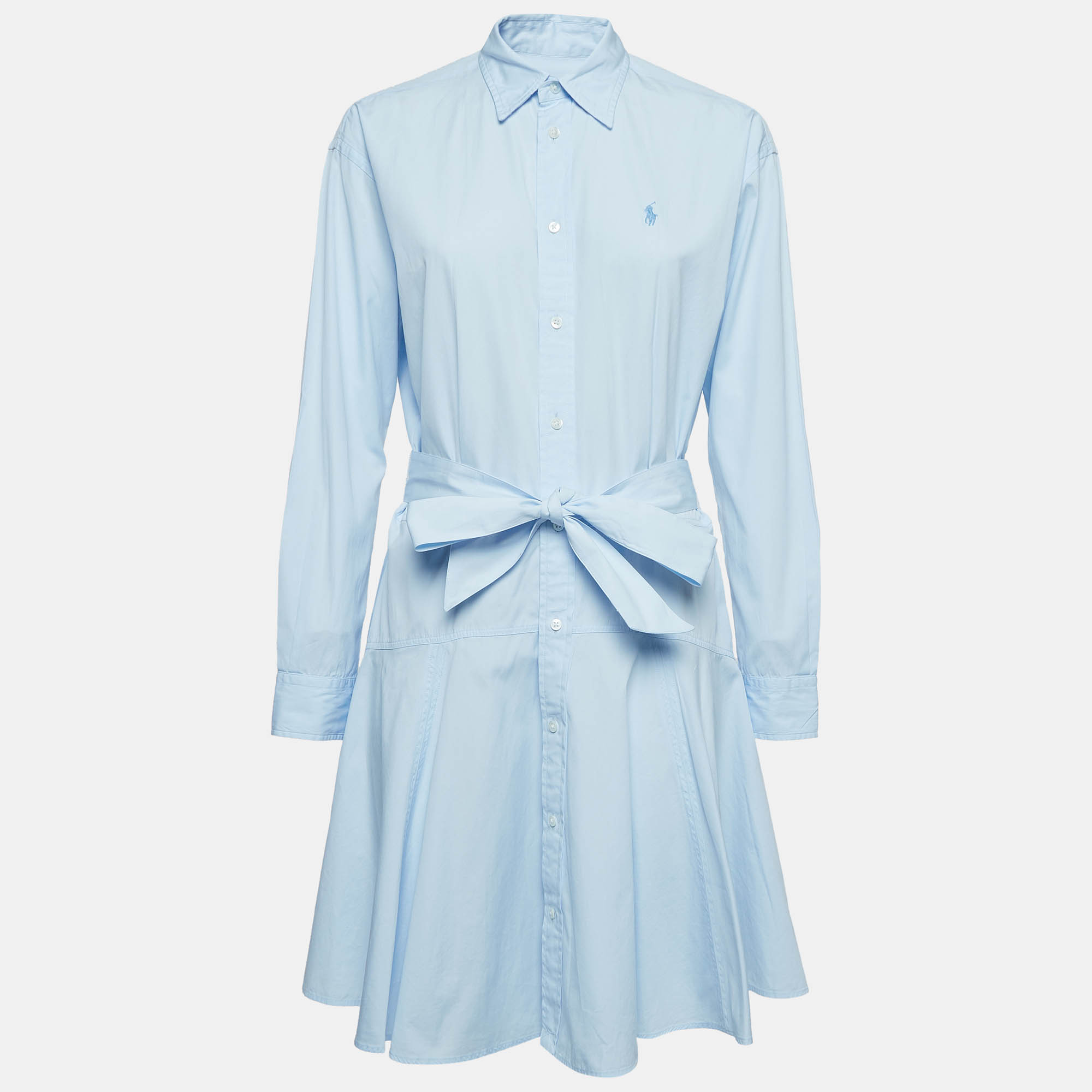 Pre-owned Polo Ralph Lauren Light Blue Cotton Belted Dress M