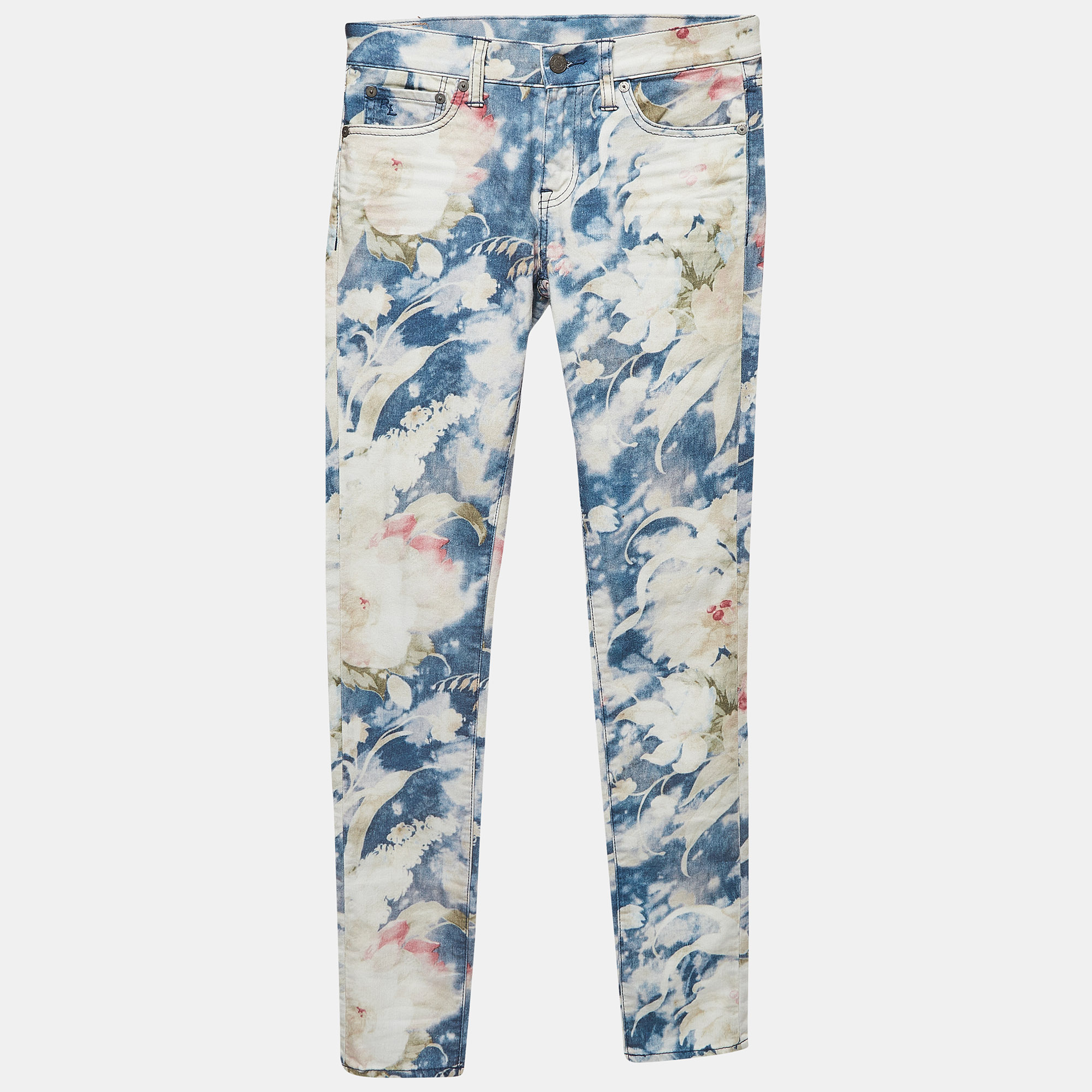 Pre-owned Polo Ralph Lauren Blue Floral Print Stretch Denim Jeans S Waist 27"