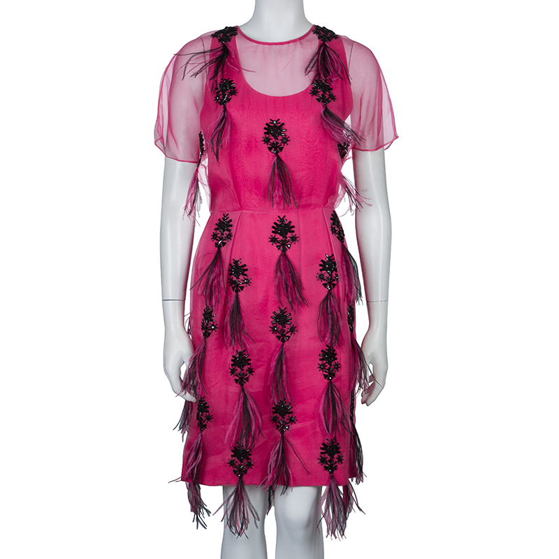 

Prabal Gurung Pink Embellished Feather Detail Silk Dress