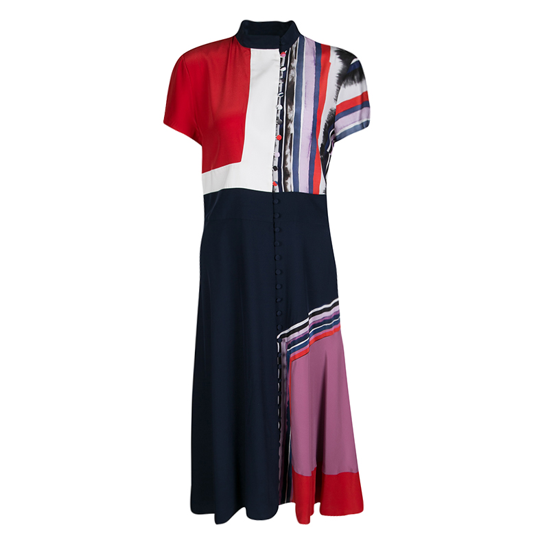 Prabal Gurung Colorblock Printed Silk Button Front Midi Dress M