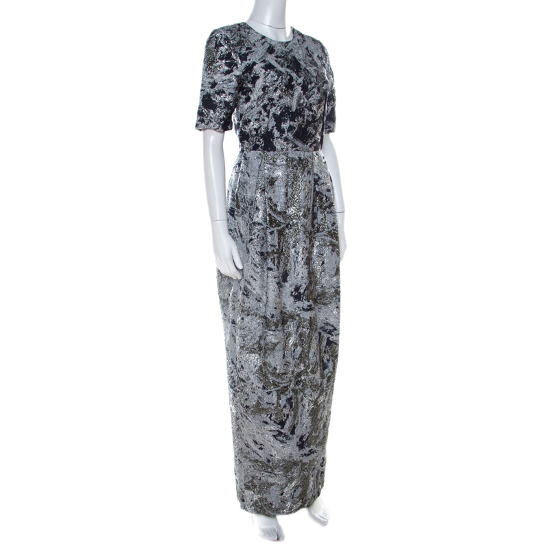 

Prabal Gurung Metallic Silver & Navy Jacquard Short Sleeve Dress, Multicolor
