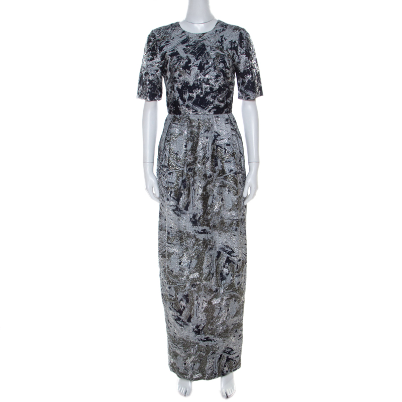 Prabal Gurung Metallic Silver & Navy Jacquard Short Sleeve Dress S