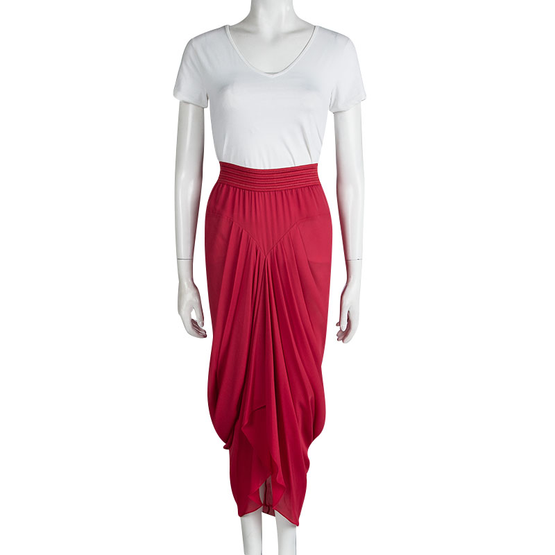 

Prabal Gurung Red Silk Pleat Detail Draped Maxi Skirt