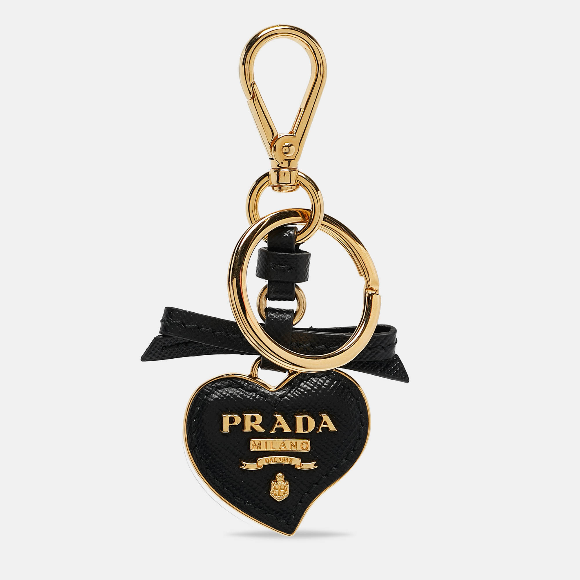 

Prada Black Saffiano Leather Gold Tone Heart Key Chain