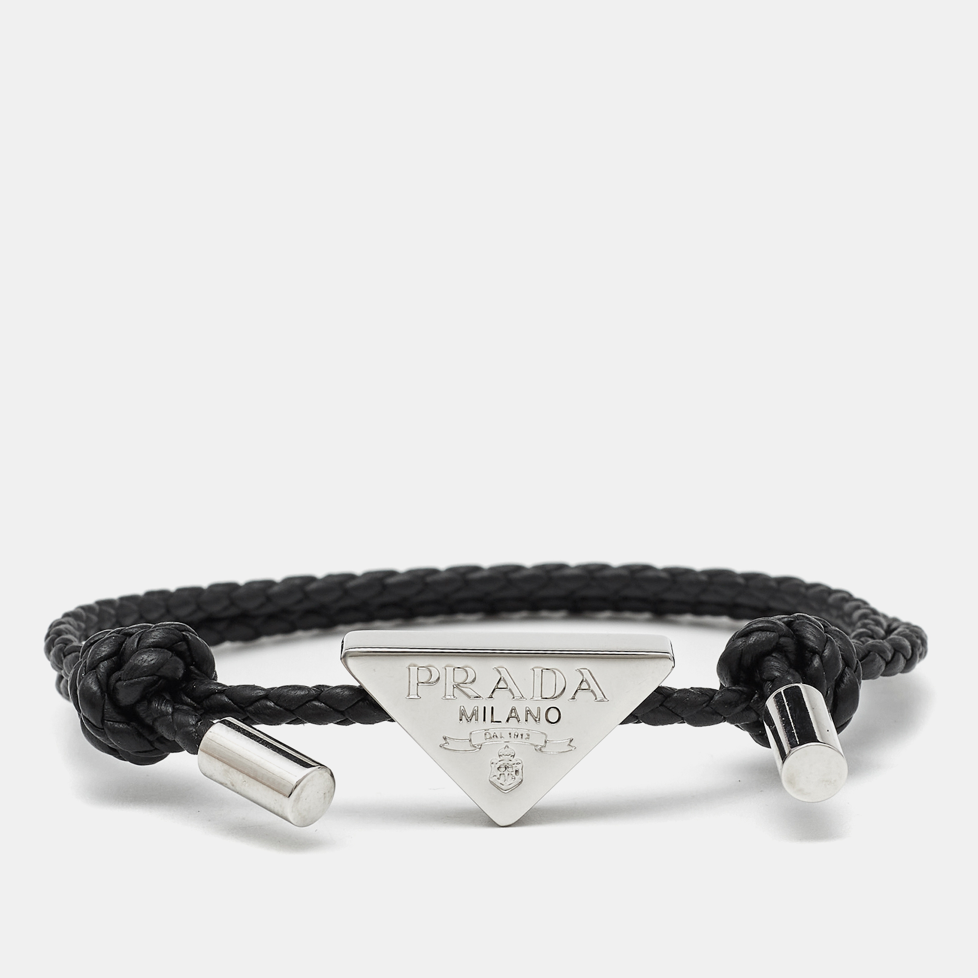 

Prada Black Leather Silver Tone Bracelet