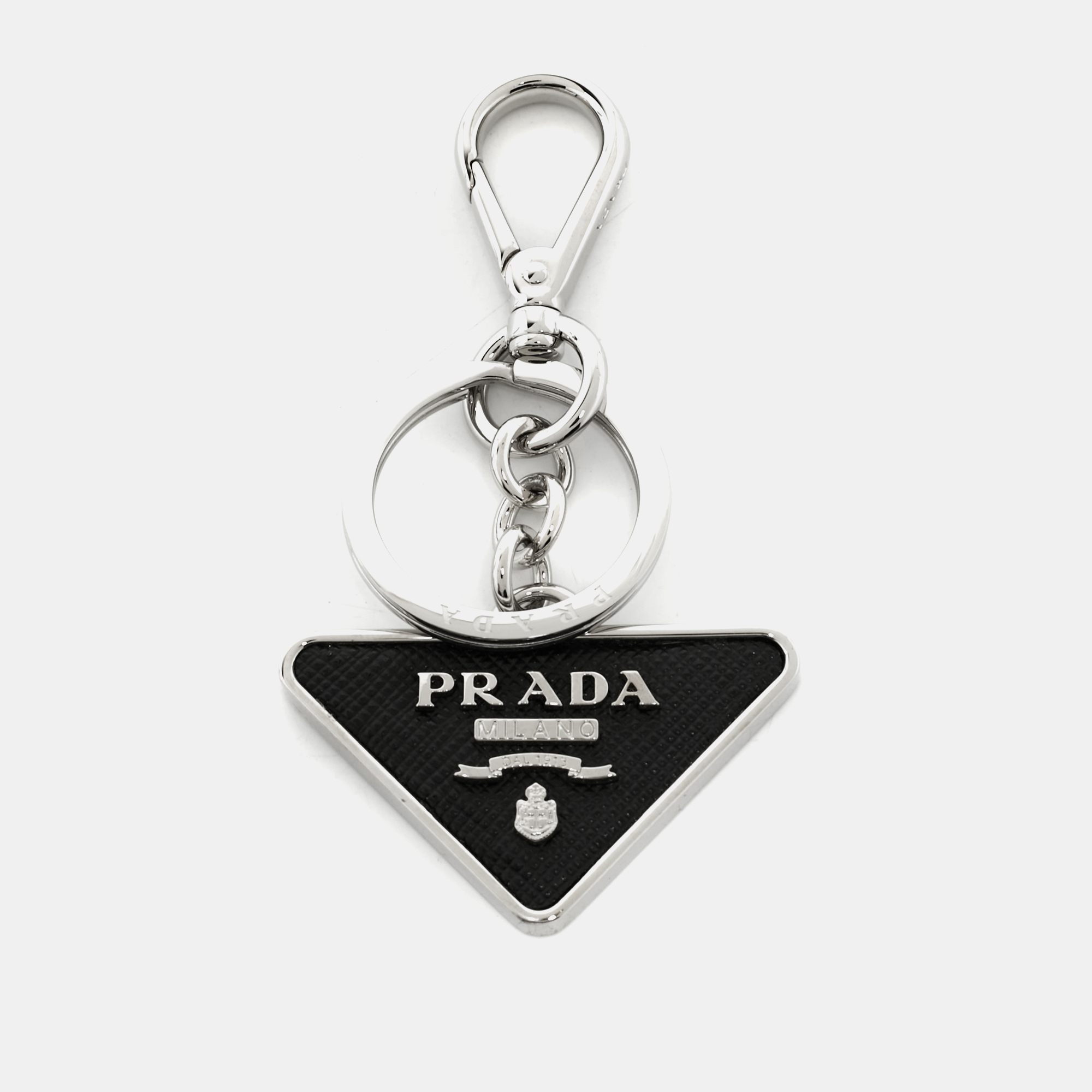 

Prada Black Saffiano Leather Triangle Logo Key Chain