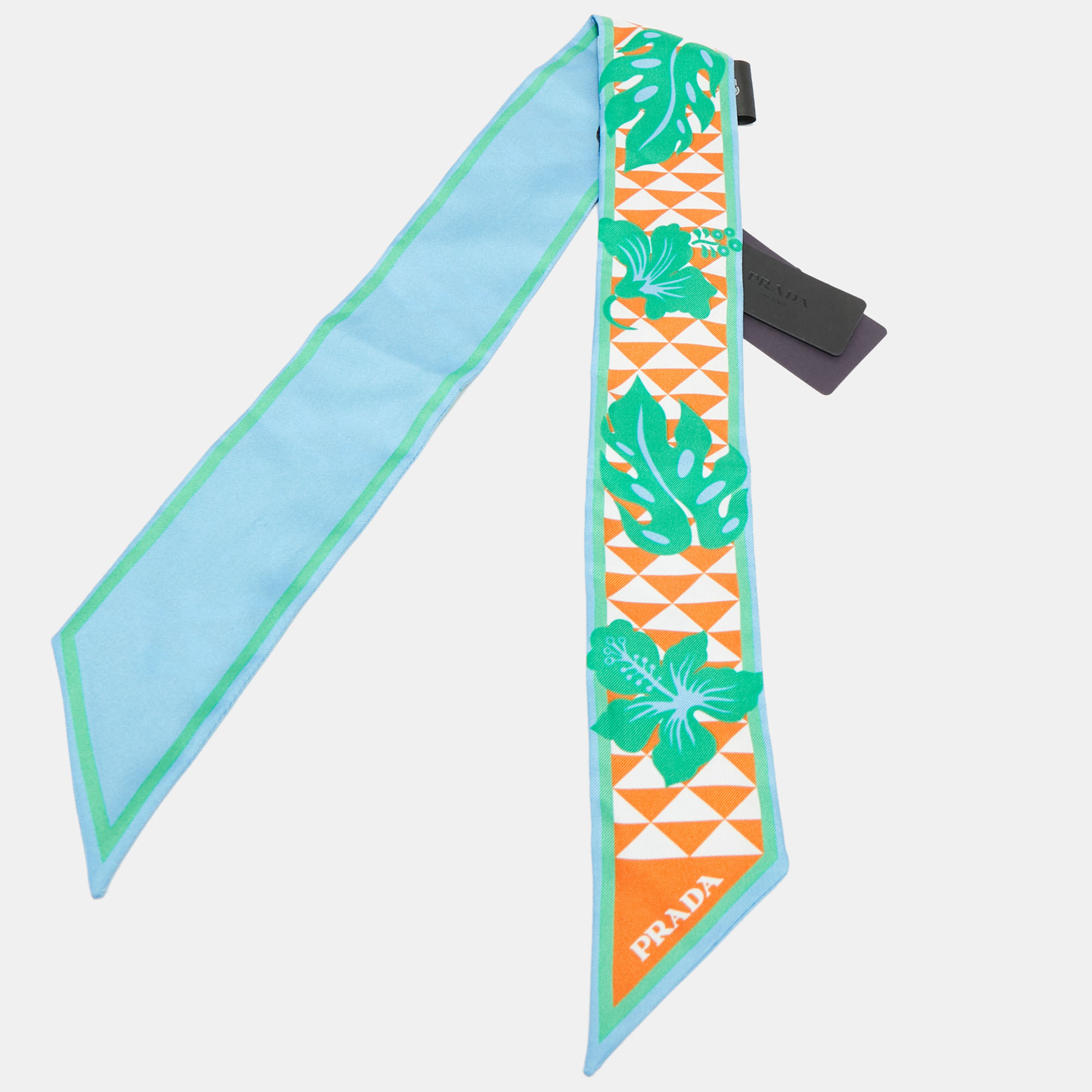 PRADA Pre-owned Blue/orange Triangle Hibiscus Print Silk Bandeau Scarf