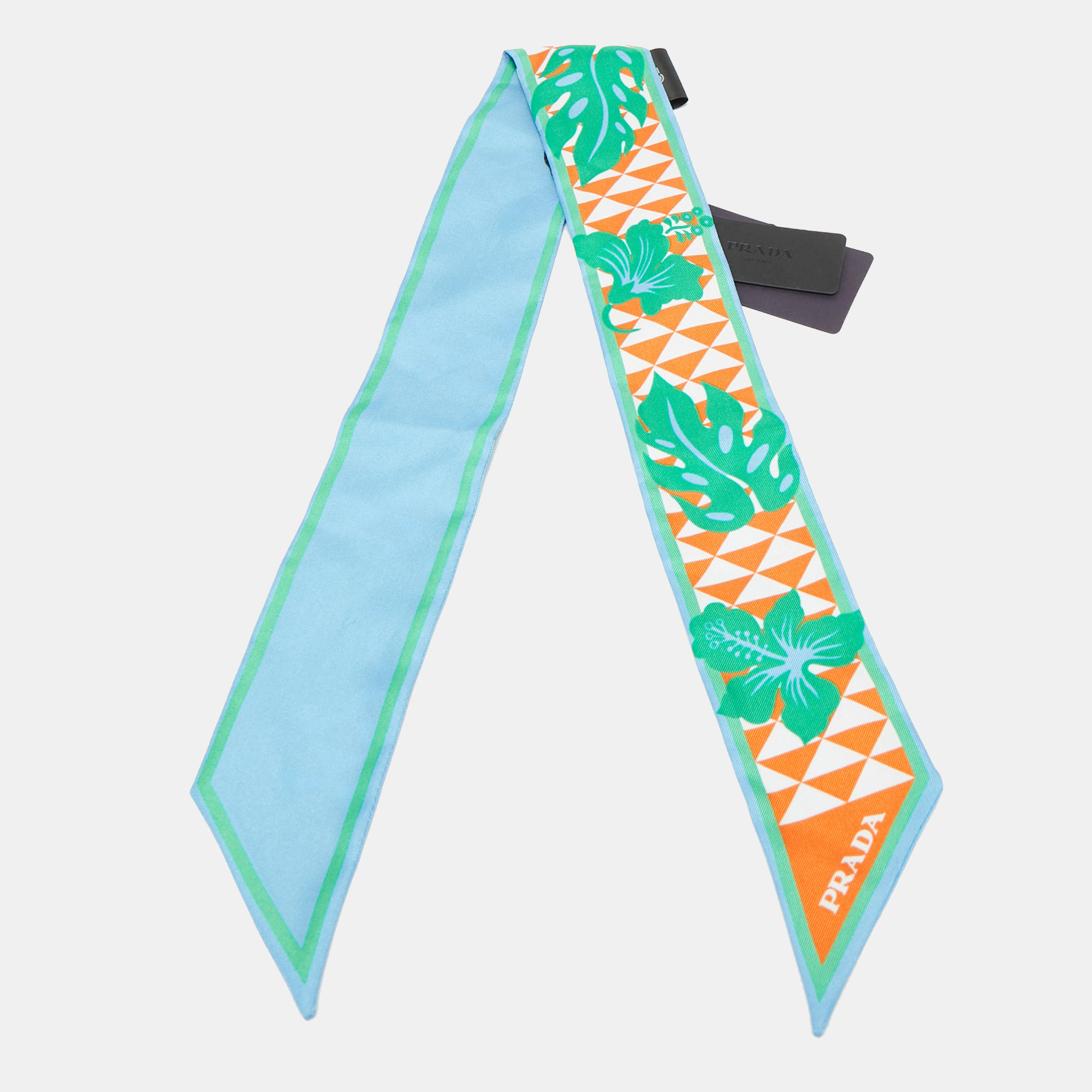 

Prada Blue/Orange Triangle Hibiscus Print Silk Bandeau Scarf