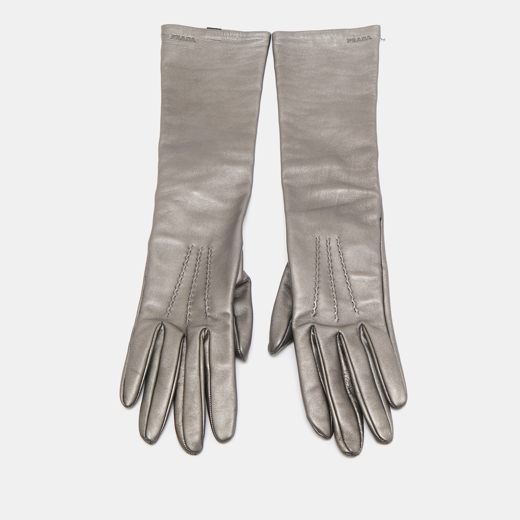 Pre-owned Prada Metallic Silver Leather Long Gloves Size 7.5