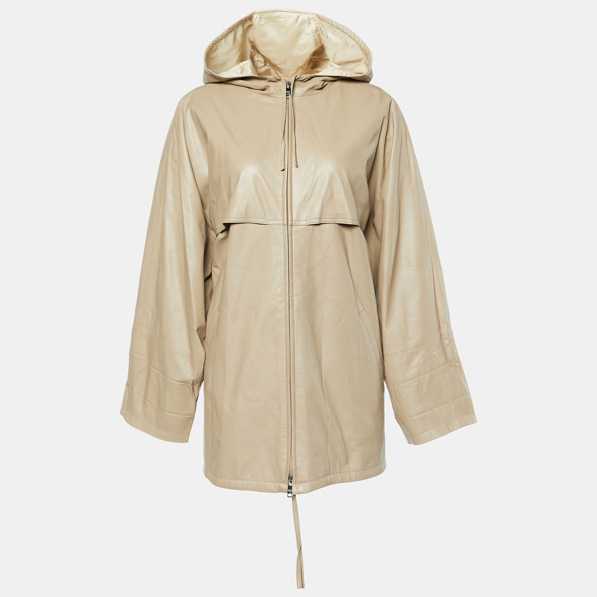 

Prada Beige Leather Hooded Zip-Up Coat S