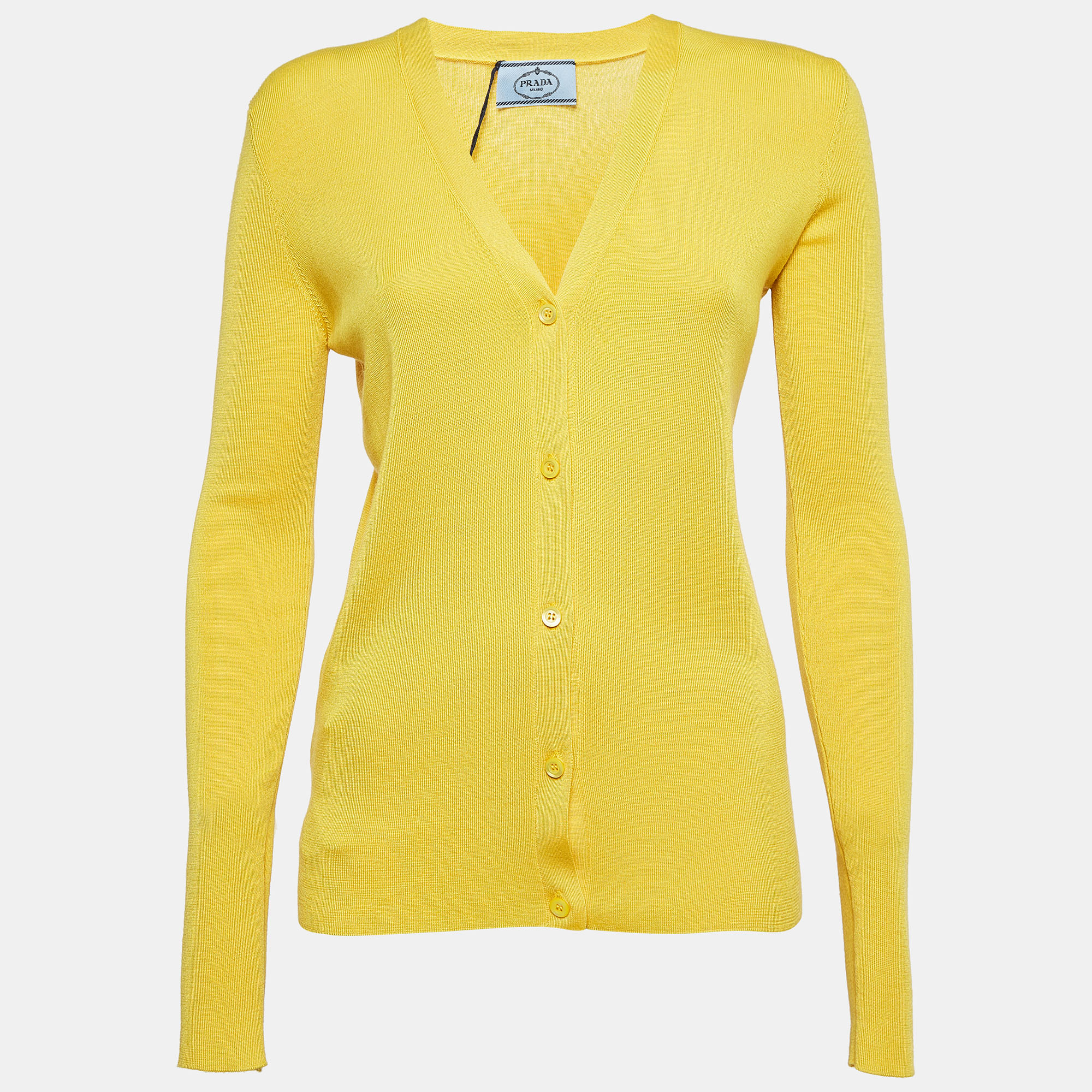 

Prada Yellow Cashmere Blend Rib Knit Cardigan M