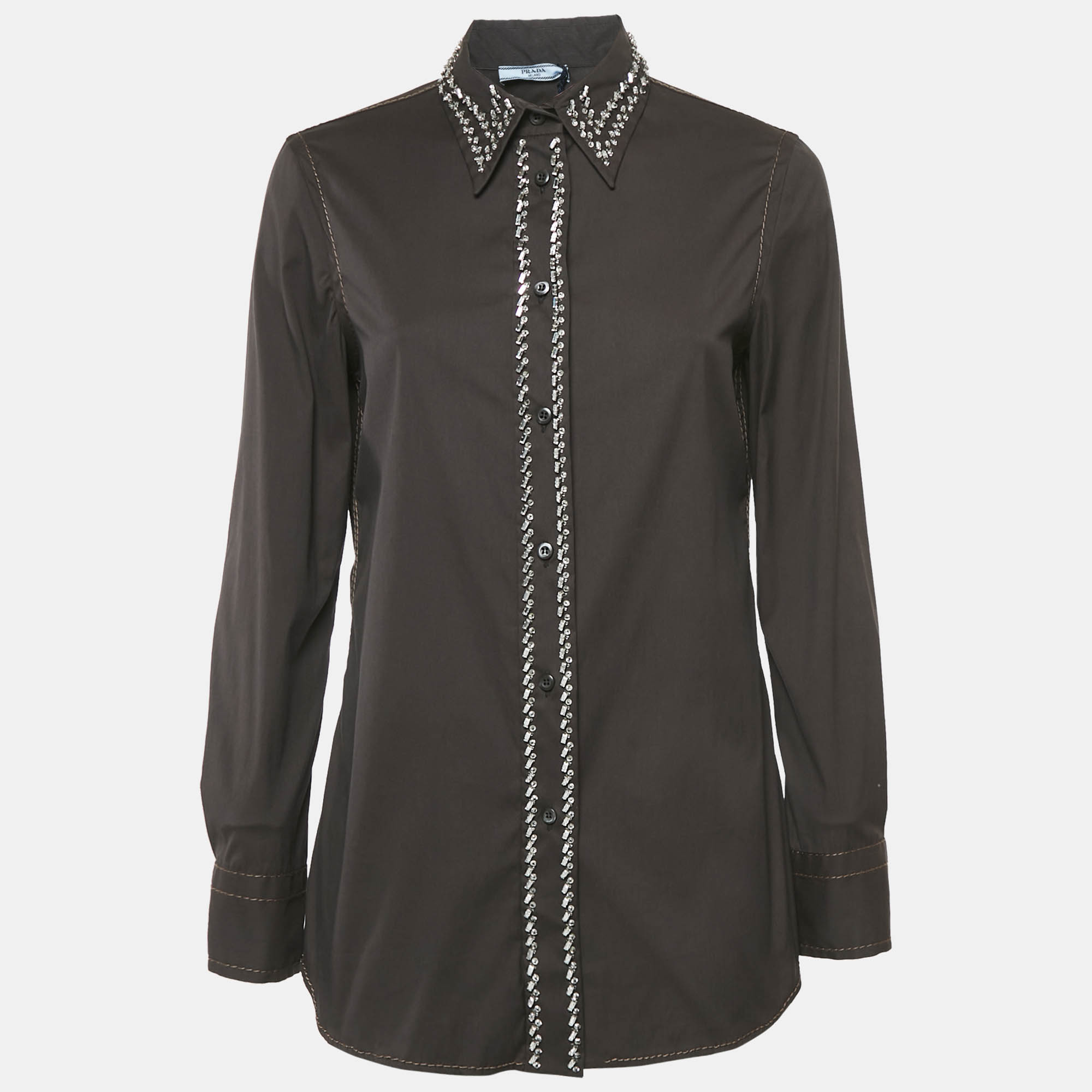 

Prada Cacao Brown Embellished Poplin Button Front Shirt M