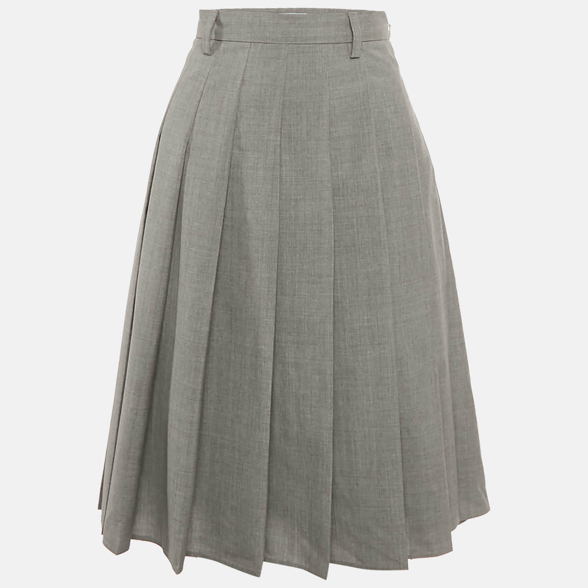 Pre-owned Prada Grey Wool Pleated Midi Skirt Xs In Gray