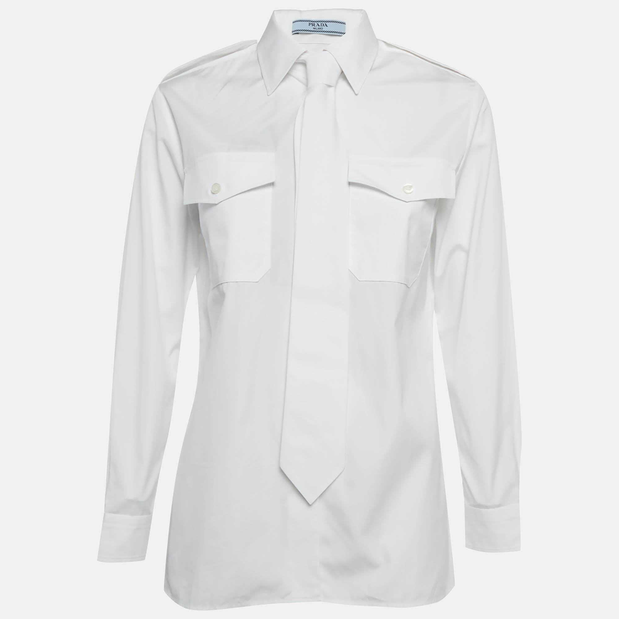 Pre-owned Prada White Cotton Tie Detail Button Front Shirt Xs