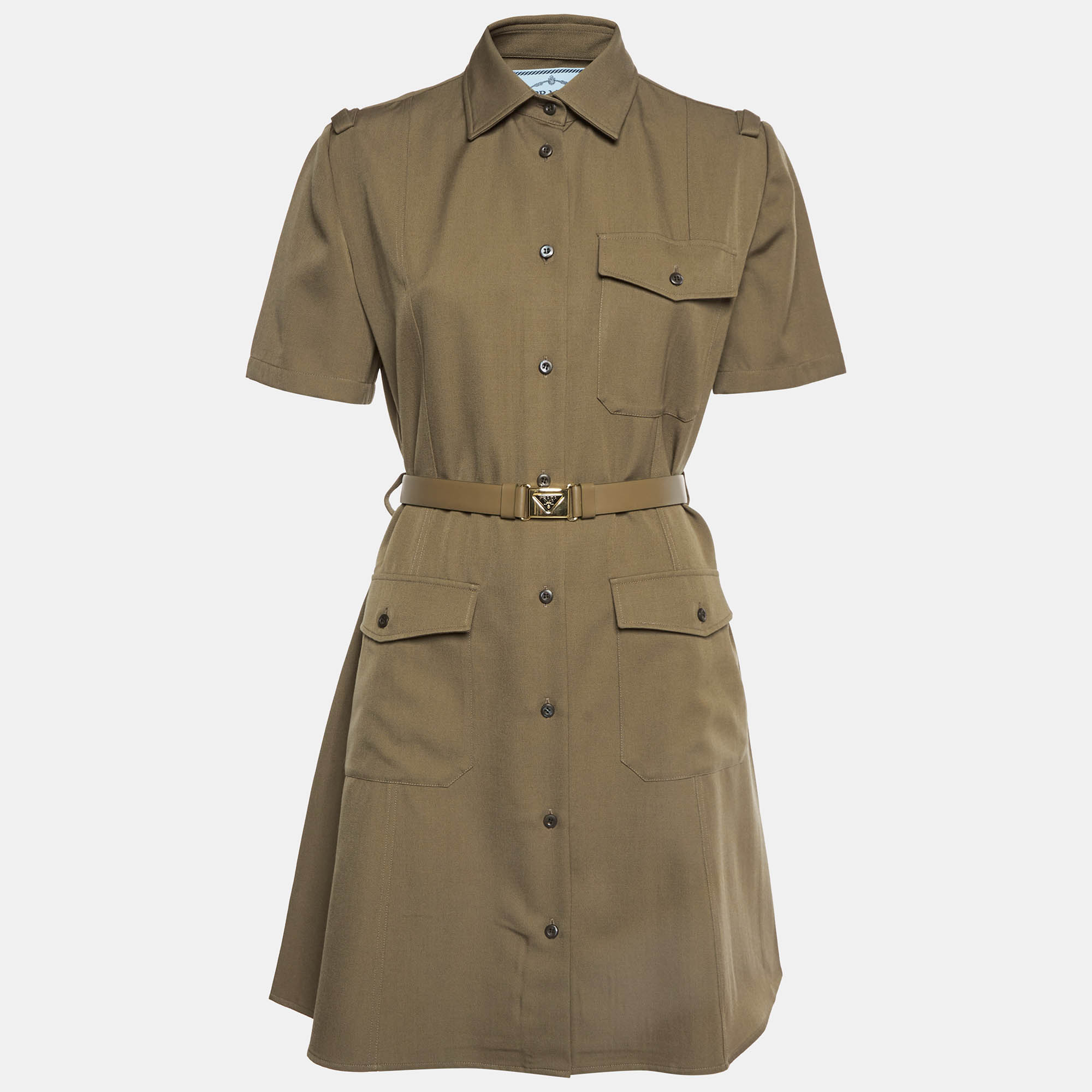 

Prada Khaki Wool Button Up Belted Mini Shirt Dress M, Brown