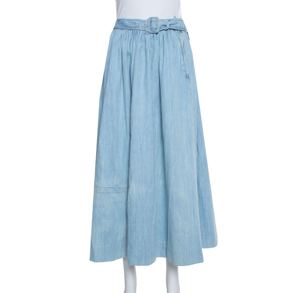 Pre-owned Prada Blue Denim Flared Belted Midi Skirt L