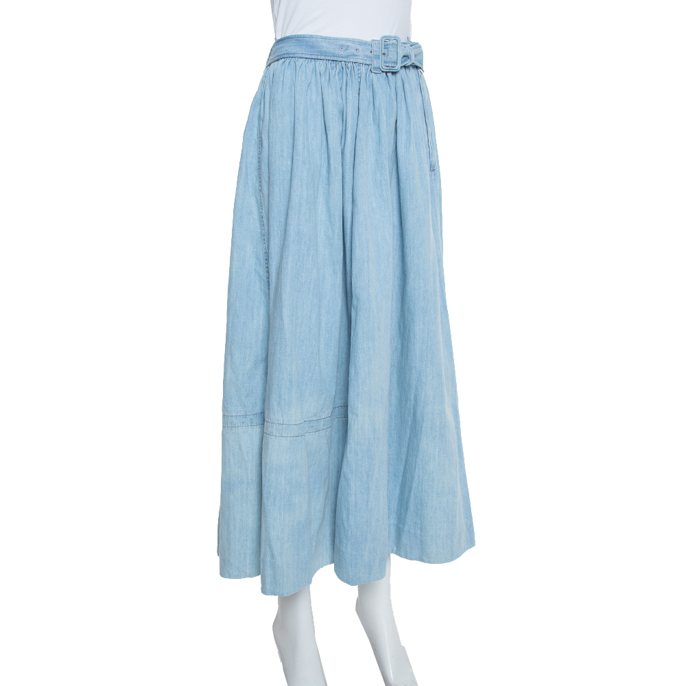 

Prada Blue Denim Flared Belted Midi Skirt