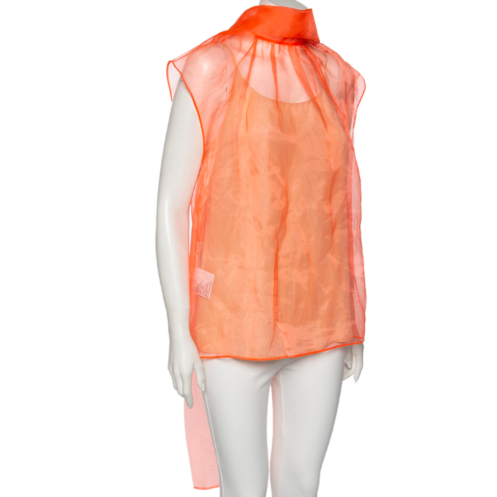 

Prada Orange Silk Tulle Neck Tie Detailed Sleeveless Organza Blouse