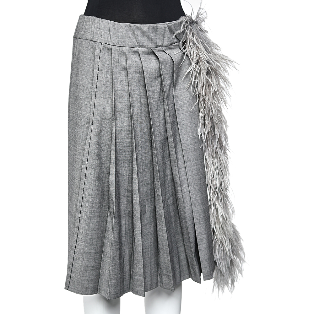 

Prada Grey Wool & Silk Fur Trim Pleated Midi Skirt