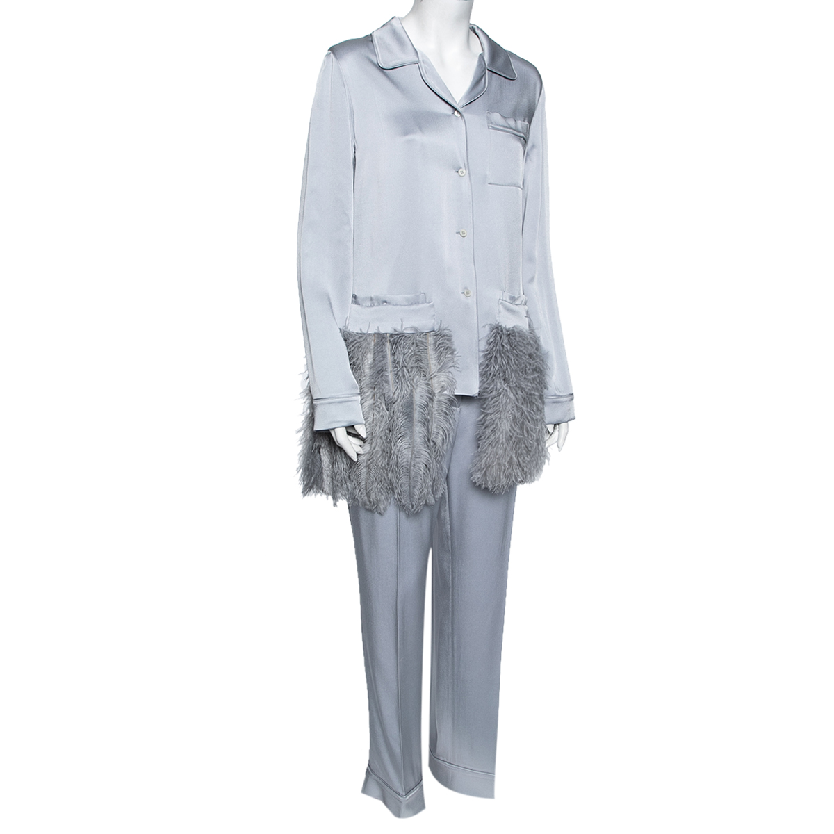 

Prada Grey Satin Feather Trimmed Button Front Shirt & Pajama Set