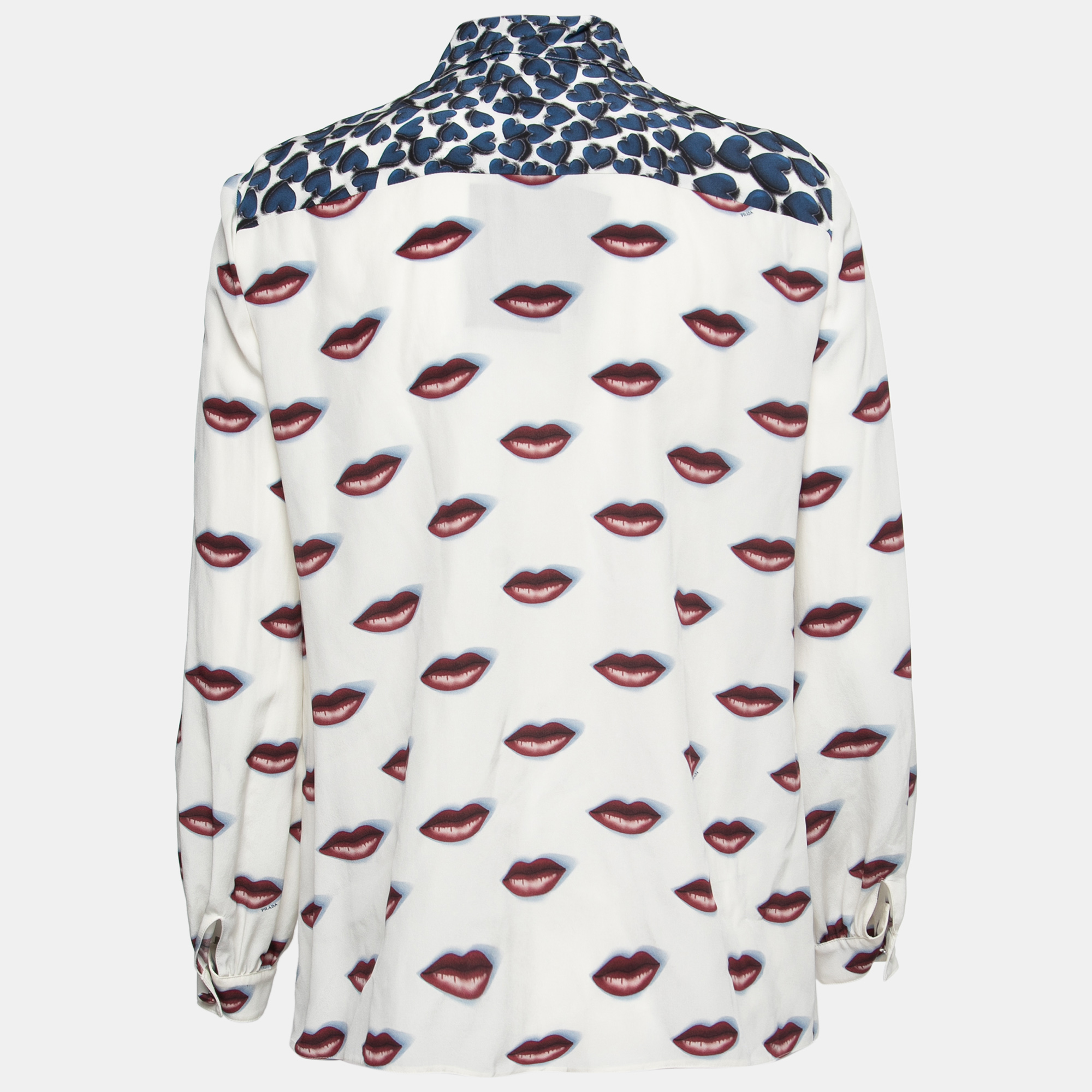 

Prada White Lips & Hearts Print Silk Front Tie Neck Shirt