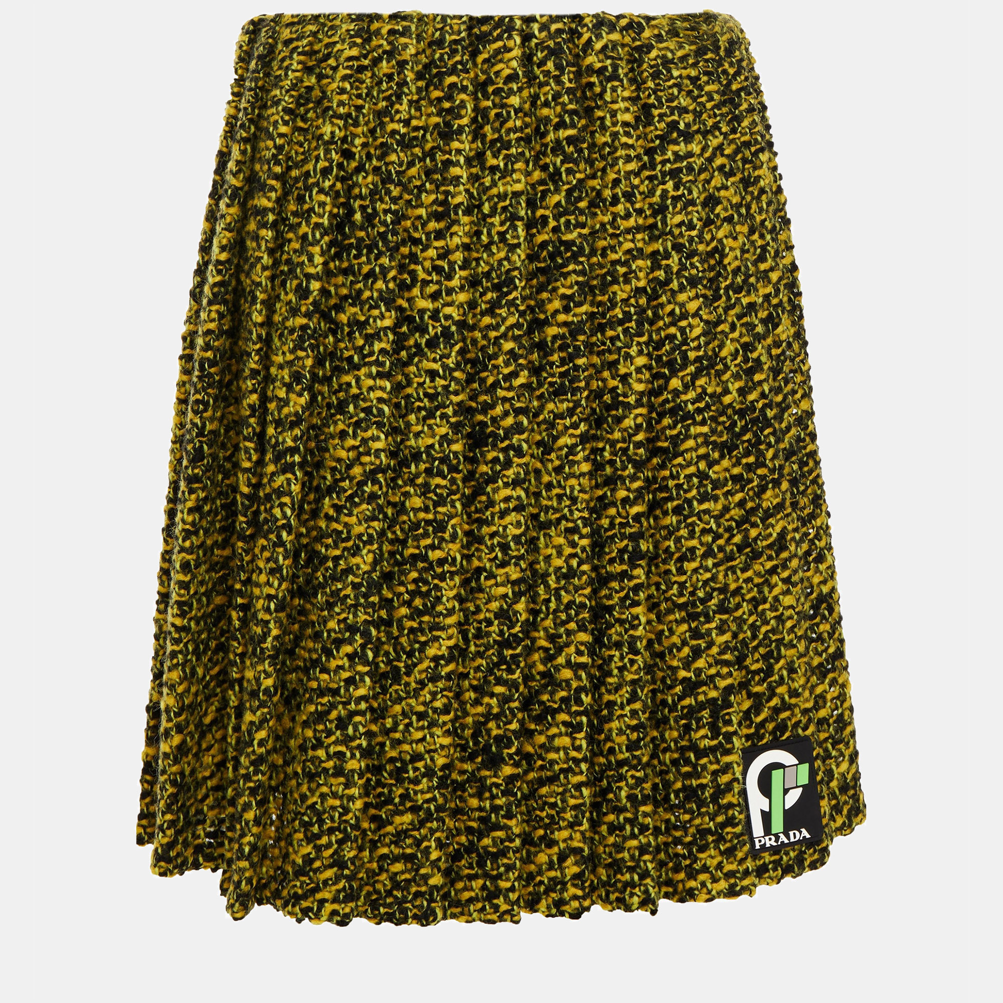 Pre-owned Prada Yellow/black Virgin Wool Knee Length Skirt Size 44