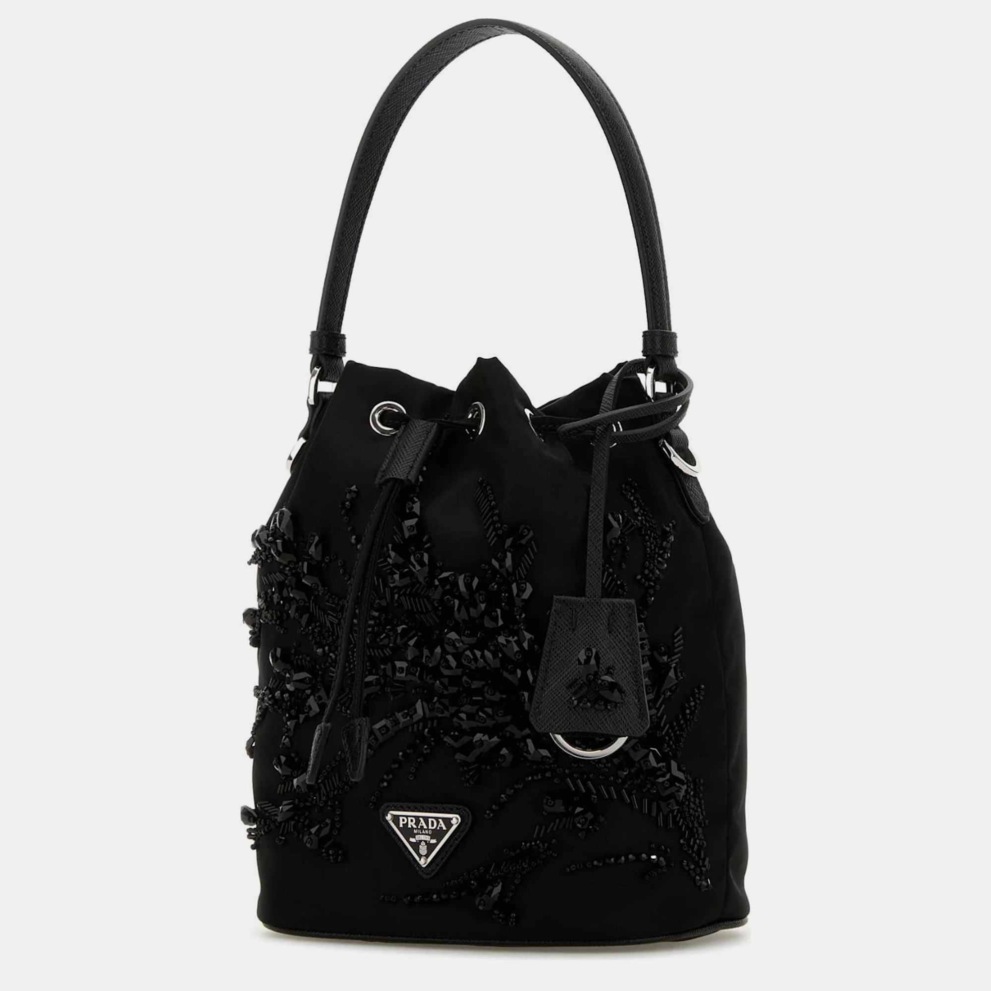 Prada Black Embroidered Nylon Bucket Shoulder Bag 