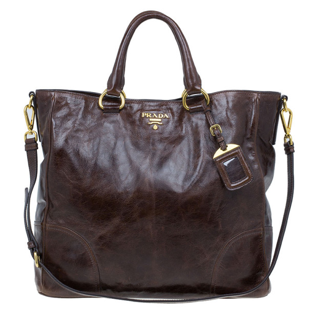 Pre Owned Prada Brown Vitello Shine Tote