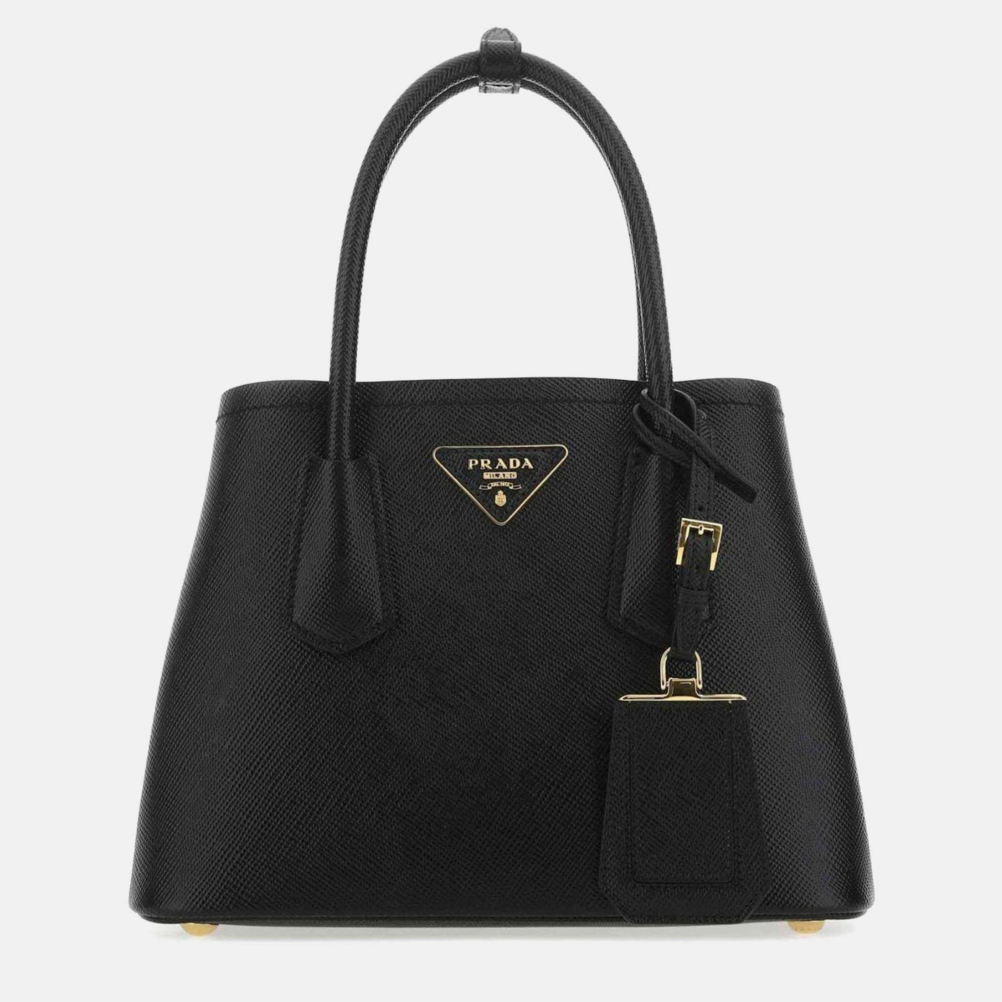 

Prada Black Leather Logo Detailed Top Handle Tote Bag