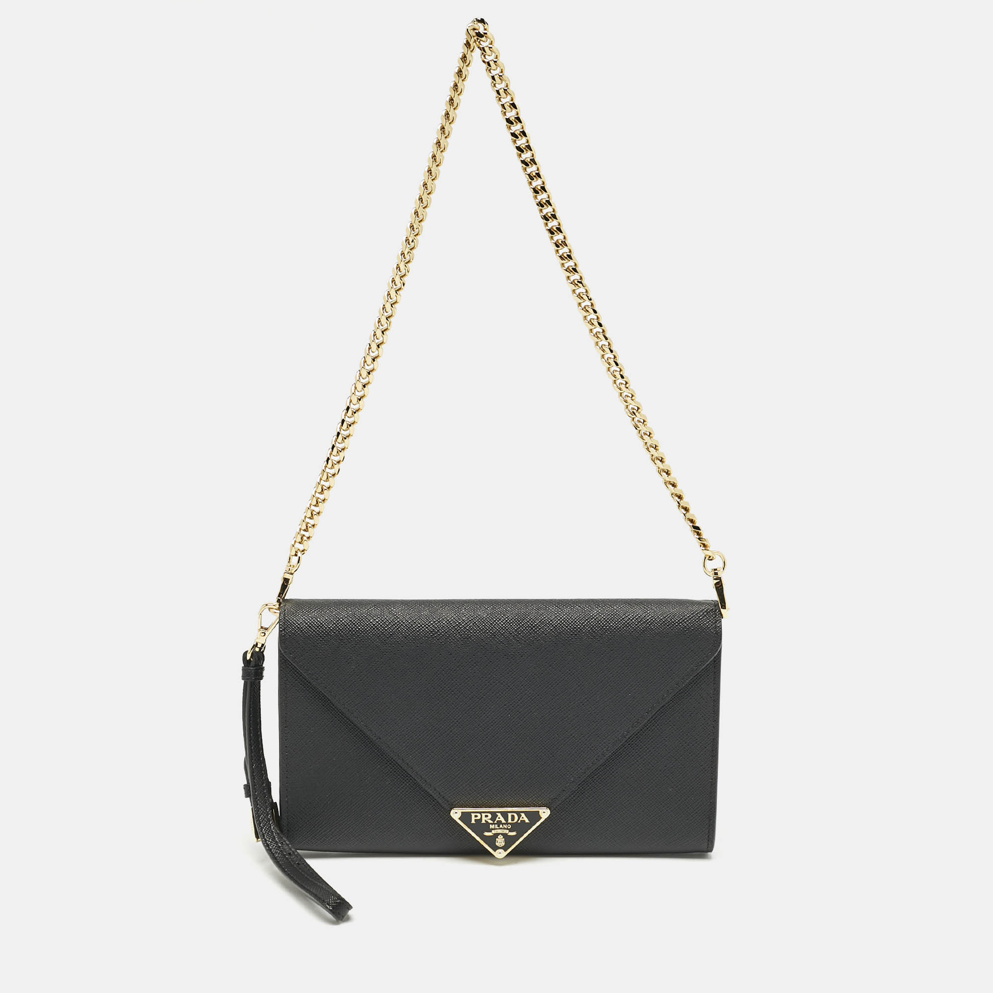 

Prada Black Saffiano Triang Leather Envelope Chain Clutch