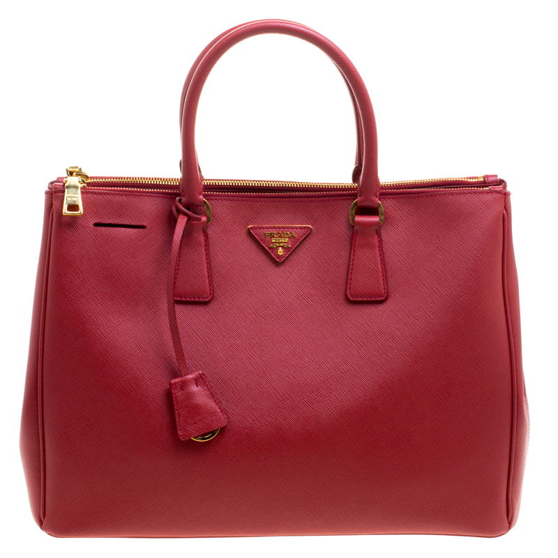 Pre Owned Prada Red Saffiano Lux Leather Large Double Zip Tote