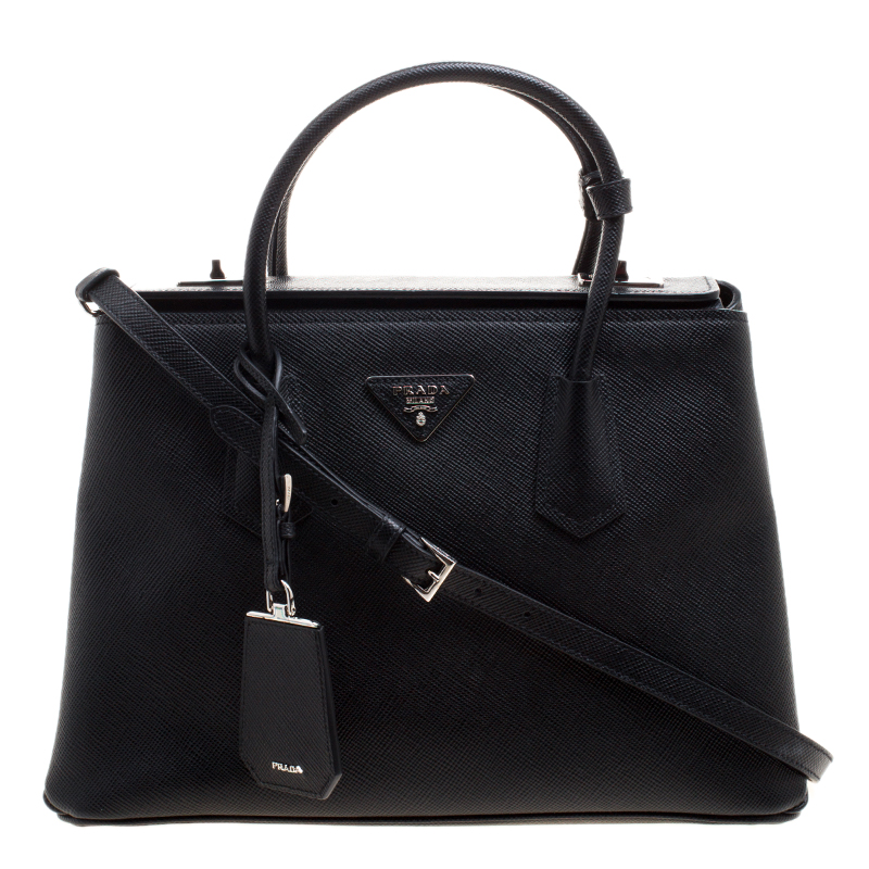 Pre Owned Prada Black Saffiano Cuir Leather Twin Tote