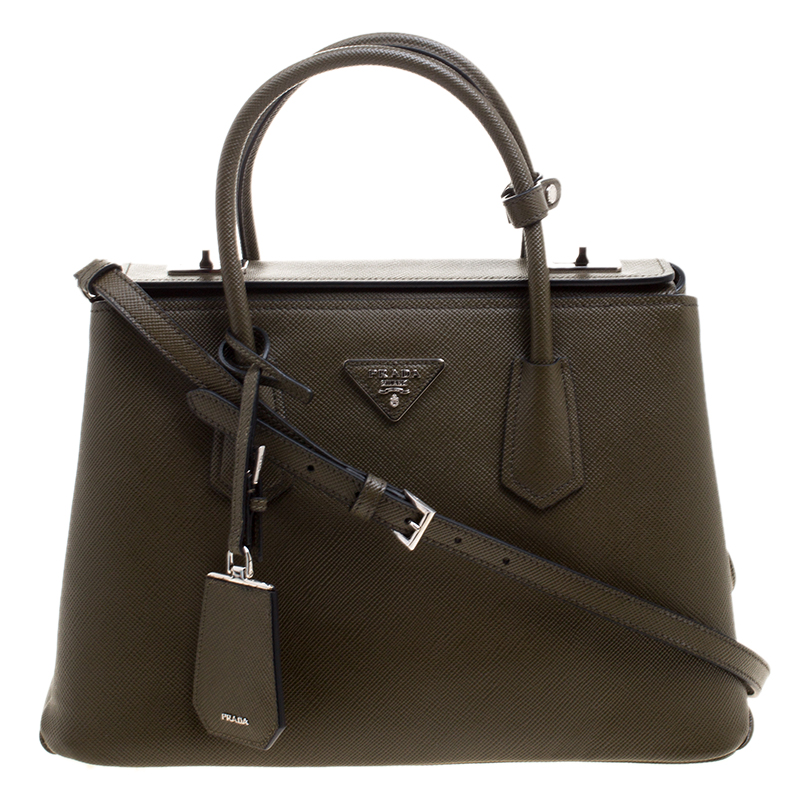 Pre Owned Prada Military Green Saffiano Cuir Leather Twin Tote