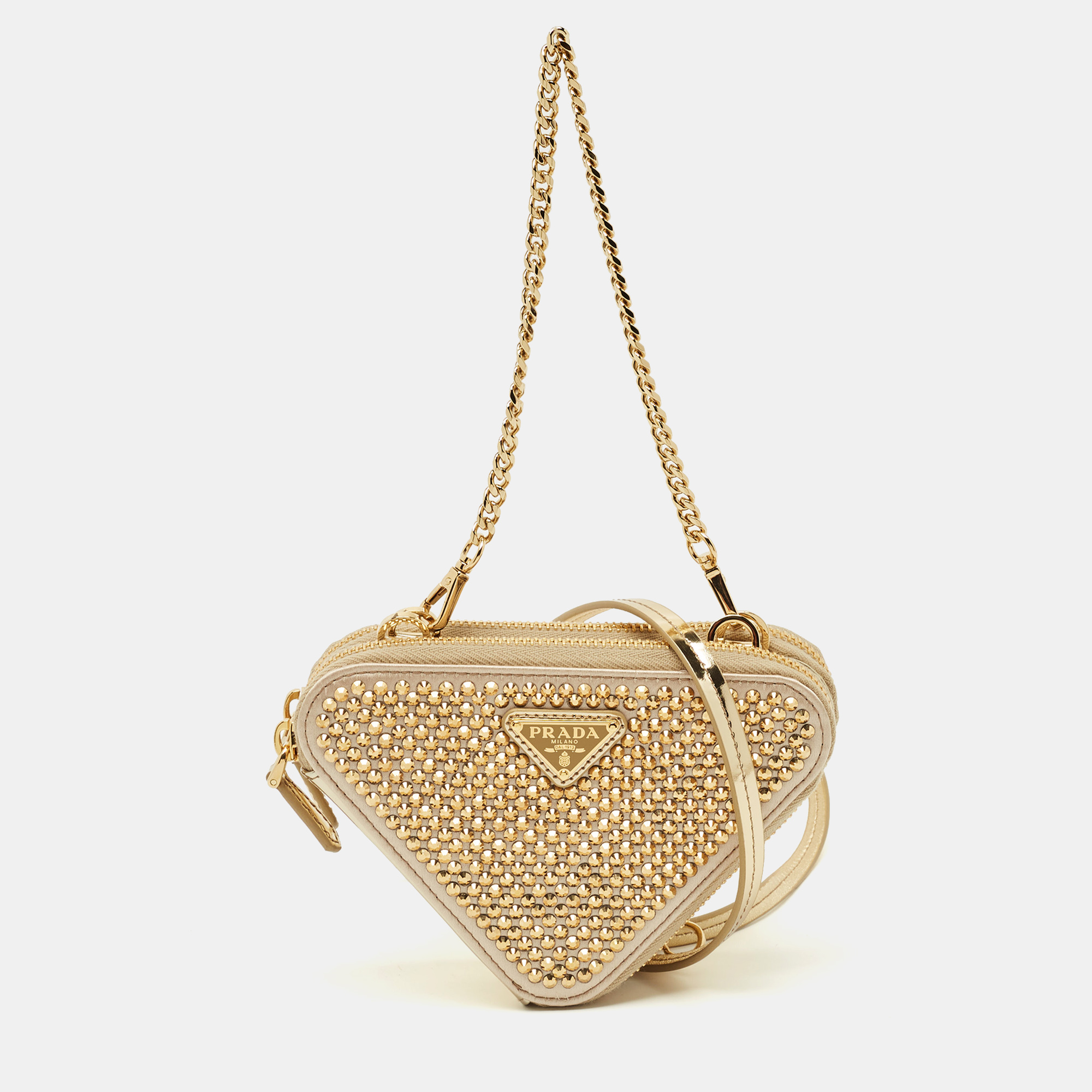 Pre-owned Prada Gold Leather And Satin Crystal Embellished Mini Triangle Pouch