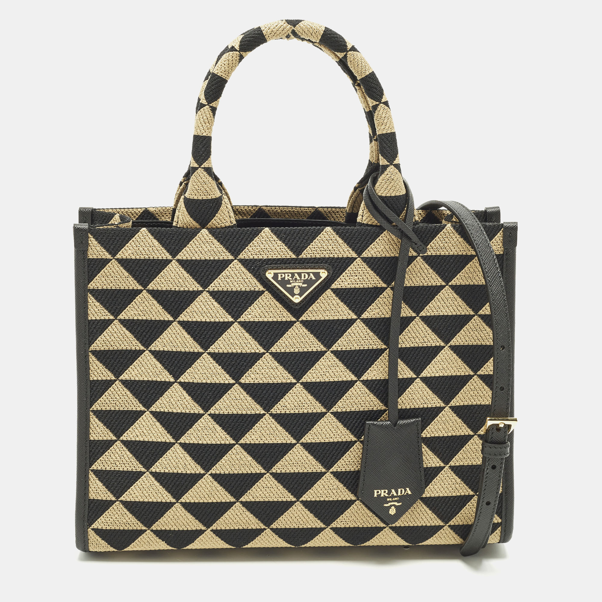 

Prada Symbole Small Beige/Black Embroidered Canvas Tote