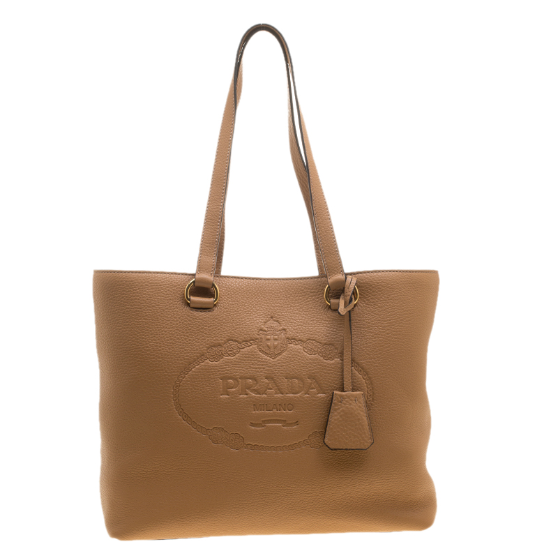Pre Owned Prada Camel Vitello Daino Leather Logo Embossed Tote