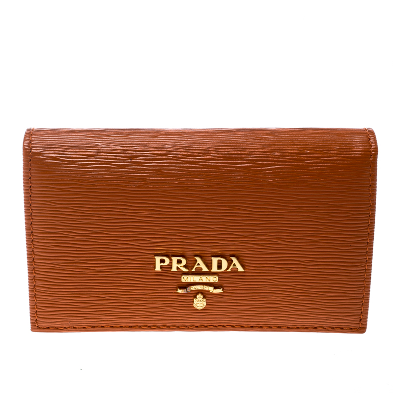 Pre Owned Prada Orange Vitello Move Leather Card Holder 