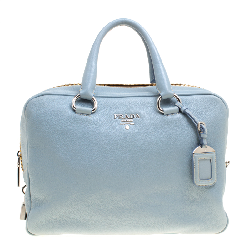 Pre Owned Prada Dusty Blue Vitello Diano Leather Bowler Bag
