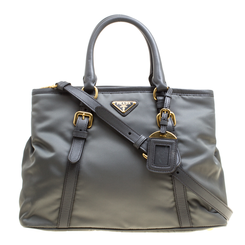 Pre Owned Prada Grey Tessuto Saffiano Top Handle Bag