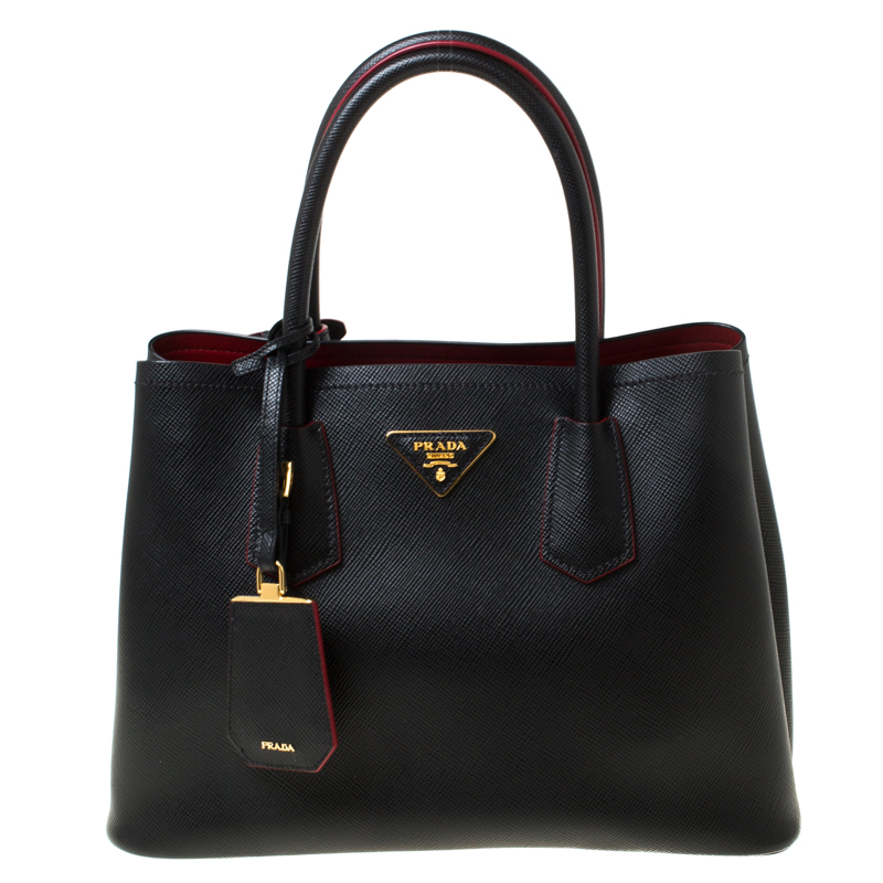 Pre Owned Prada Black Saffiano Cuir Leather Medium Double Handle Tote