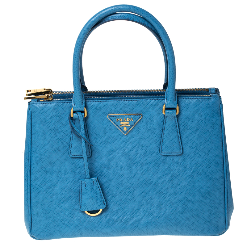 Pre Owned Prada Blue Saffiano Leather Small Double Zip Tote
